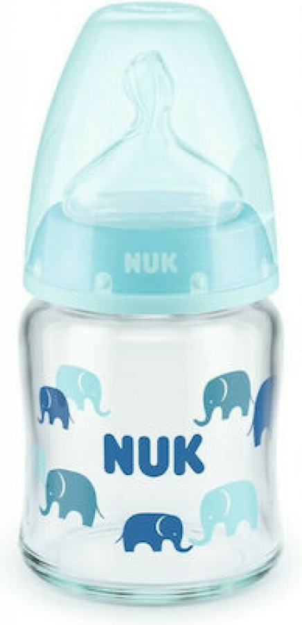 Nuk Γυάλινο Μπιμπερό First Choice Plus Temperature Control Κατά των Κολικών με Θηλή Σιλικόνης 120ml για 0-6 μηνών Σιέλ Ελεφαντάκια